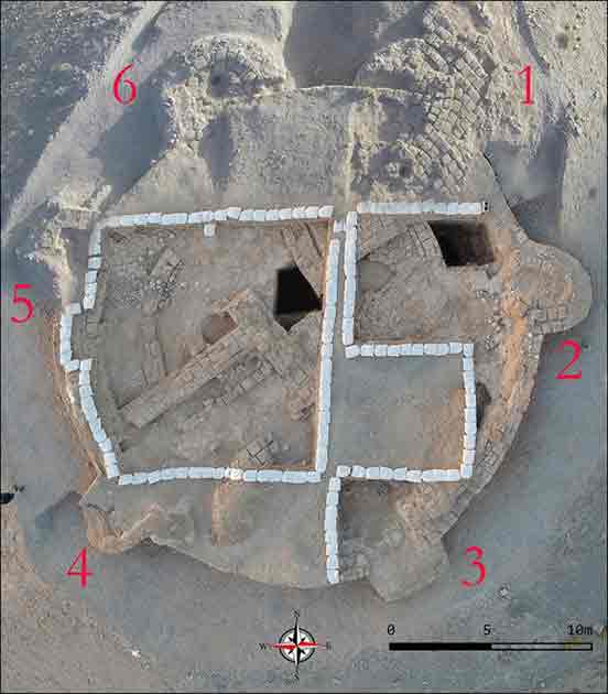 Η κυκλική δομή των Αχαιμενιδών ανακαλύφθηκε στο Τάπε Τακχάρ-Αμπάντ, με τους έξι πύργους του (1-6), όπως φαίνεται από τον αέρα. (Mohsen Dana et al. / Antiquity)