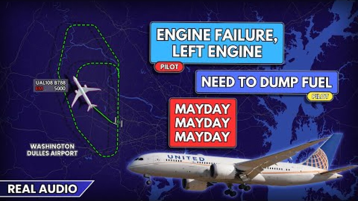 MAYDAY. Left Engine FAILURE on takeoff. United Boeing 787 Dreamliner returns to Washington. Real ATC