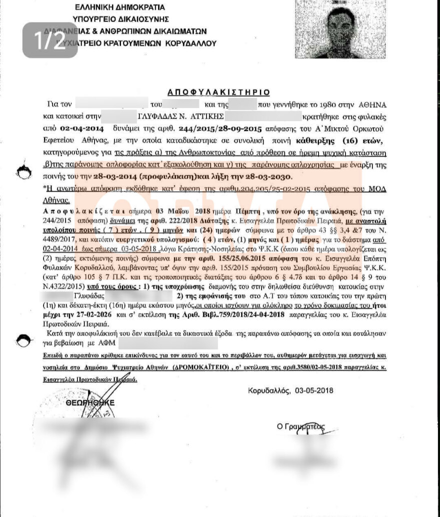 Η διαδρομή του πατροκτόνου από τη φυλακή για τη δολοφονία της μητέρας του μέχρι την εισαγωγή του στο Δρομοκαΐτειο και το εξιτήριο